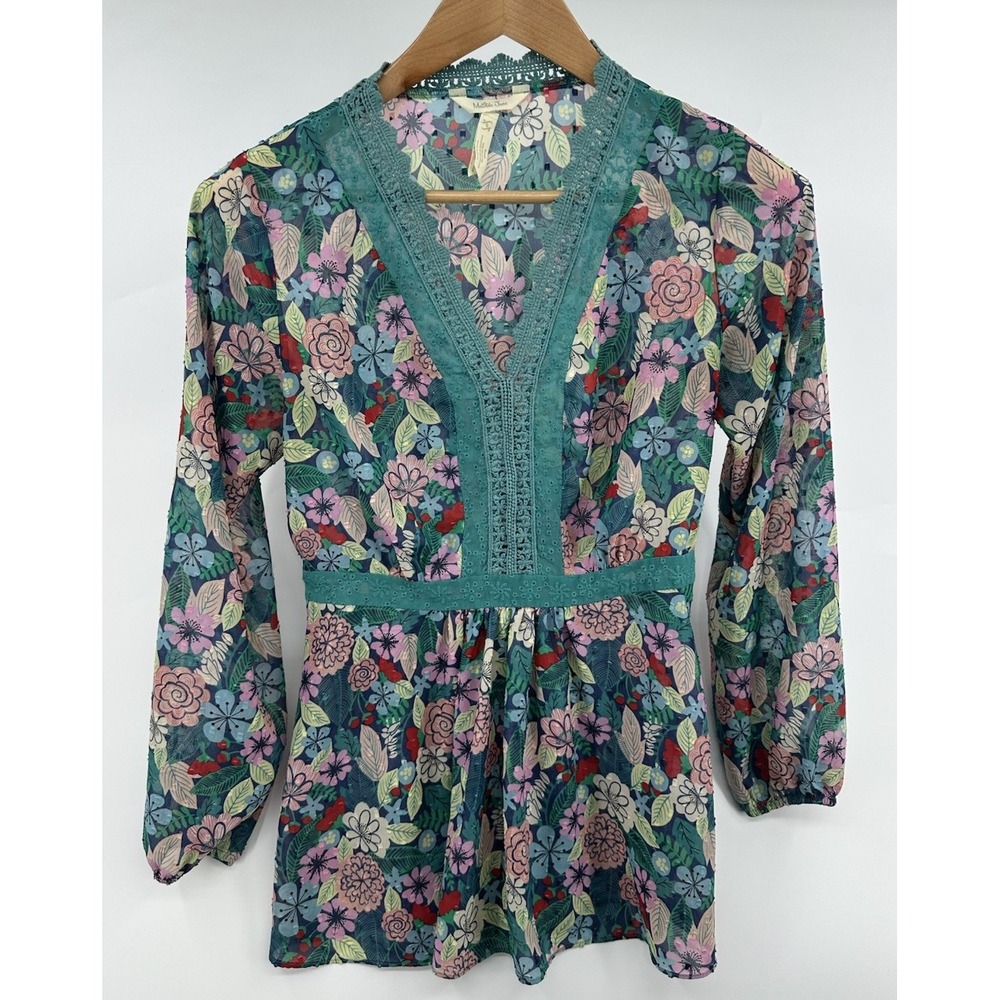 Matilda Jane Floral Sheer Crochet VNeck Long Sleeve Peplum Blouse Top Small Boho